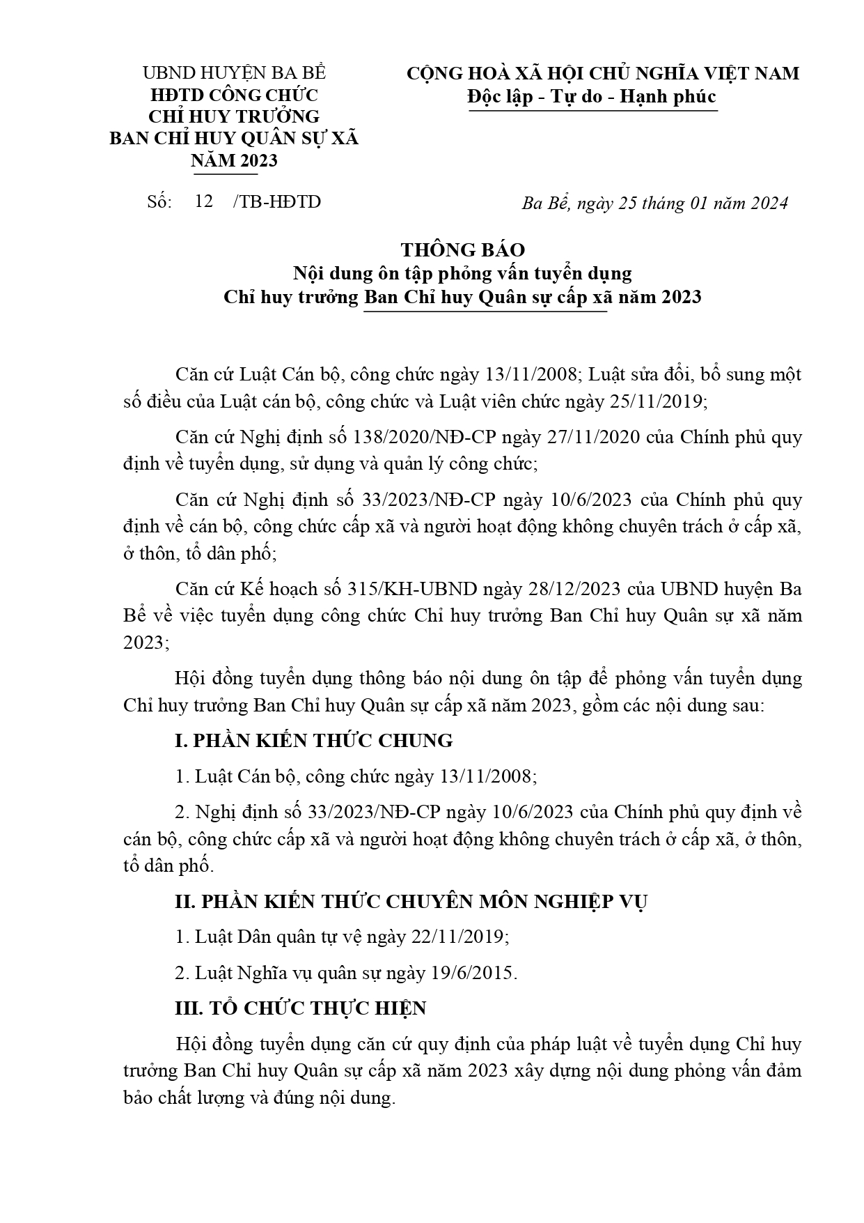 Thông báo nội dung ôn tập phỏng vấn tuyển dụng Chỉ huy Trưởng Ban Chỉ huy Quân sự cấp xã năm 2023