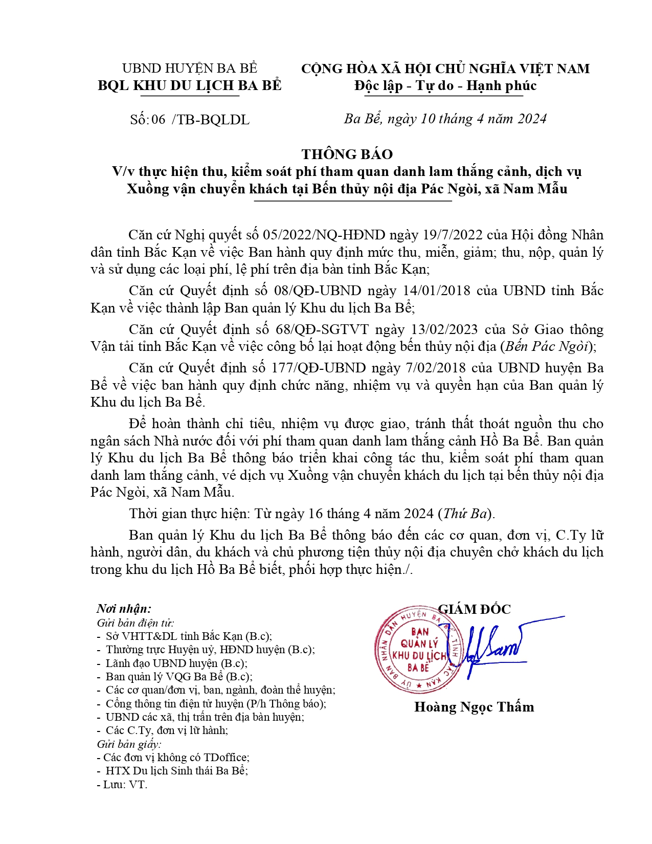 Thông báo về việc thực hiện nhiệm vụ kiểm soát phí tham quan danh lam thắng cảnh, dịch vụ xuồng vận chuyển khách tại bến thủy nội địa Pác Ngòi, xã Nam Mẫu