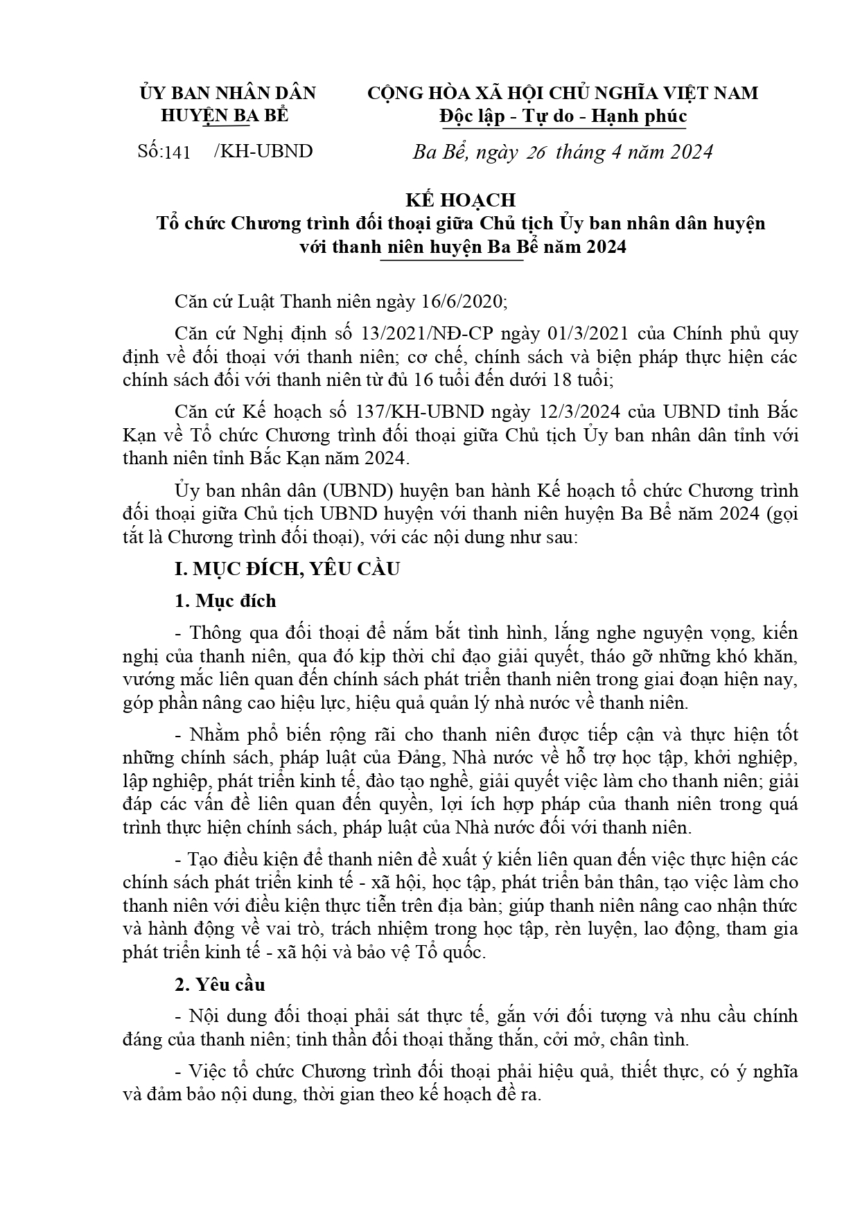 Kế hoạch tổ chức Chương trình đối thoại giữa Chủ tịch UBND huyện với thanh niên xóc đĩa online uy tín
 năm 2024