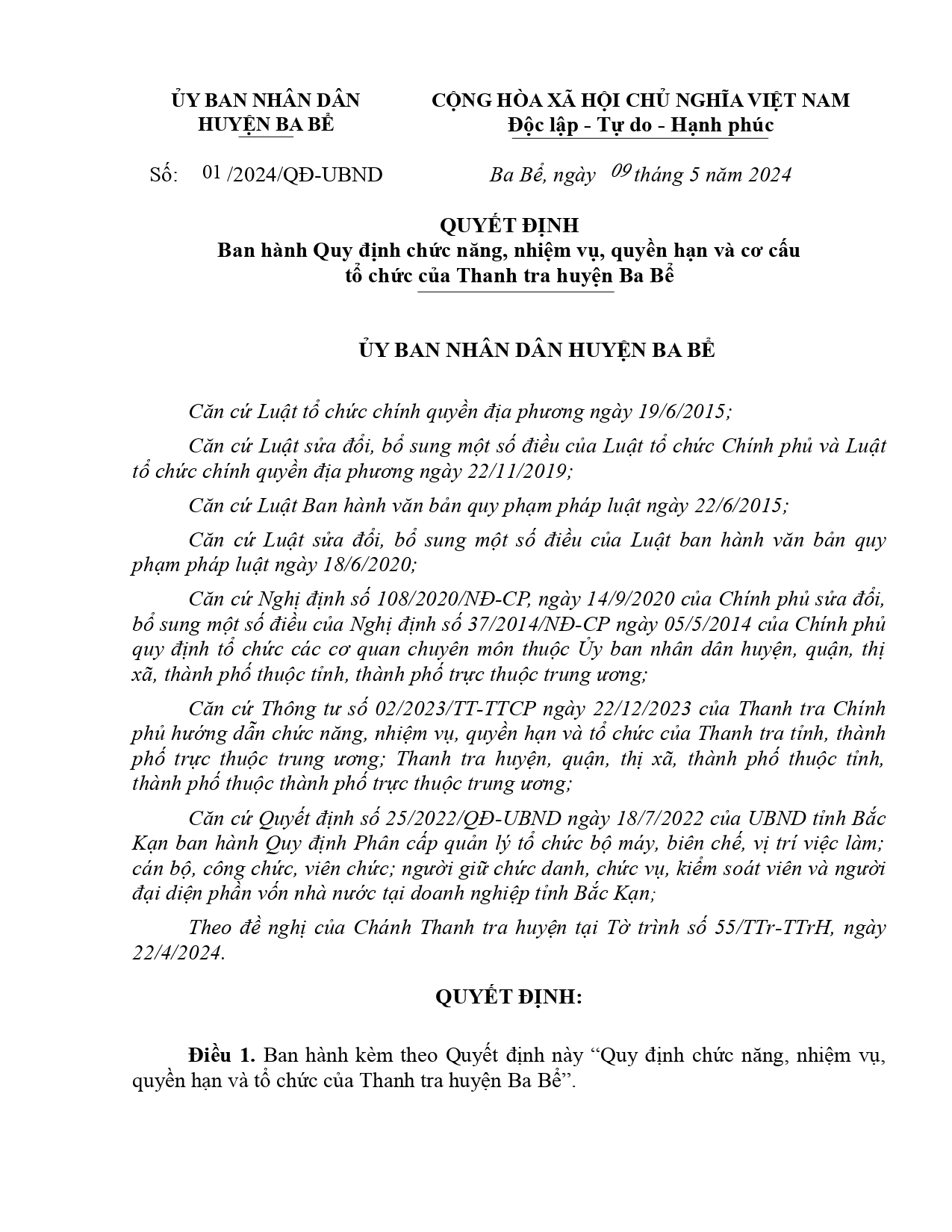 Quyết định ban hành Quy định chức năng nhiệm vụ, quyền hạn, cơ cấu tổ chức Thanh tra huyện