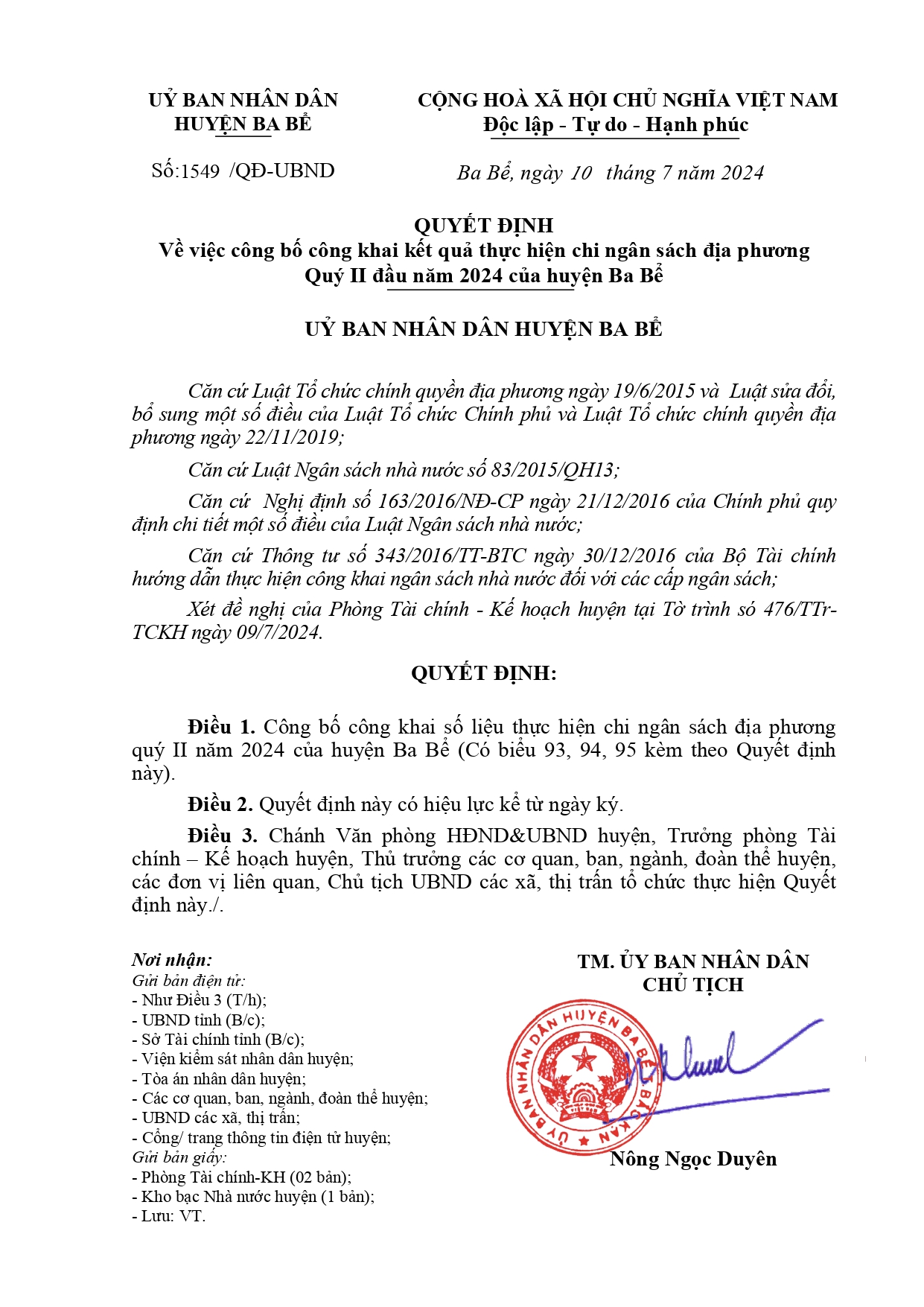 Quyết định về việc công bố công khai kết quả thực hiện chi ngân sách địa phương quý II năm 2024